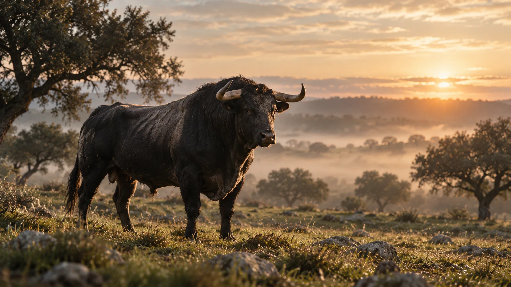 A black bull in open dehesa landscape at golden hour
